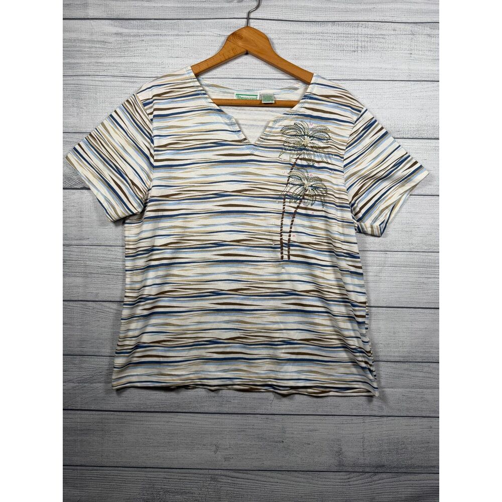 Shenanigans Women's Large Palm Tree Embellished Striped V Neck Top 4407